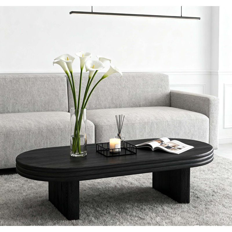 Mid Century Modern Oval Fluted Coffee Table, Farmhouse Wood for Living Room and Office Decor, Durable and Stylish, Black