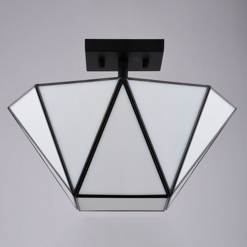 Burnett 2-Light 14 In. Wide Mid-Century Modern Bowl Semi Flush Mount Lighting Fixture, White Opal Tiffany Glass Shade, Dimmable LED Compatible For Low Ceilings, Bedroom, Hallway, Kitchen, Entryway