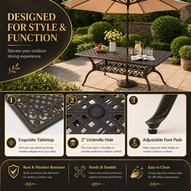 7 Outdoor Dining Set Cast Aluminum Retro Patio Dining Set For 6 Includes 59” Rectangular Table And 6 Chairs With Thicker Cushion And Umbrella Hole For Patio Deck Garden