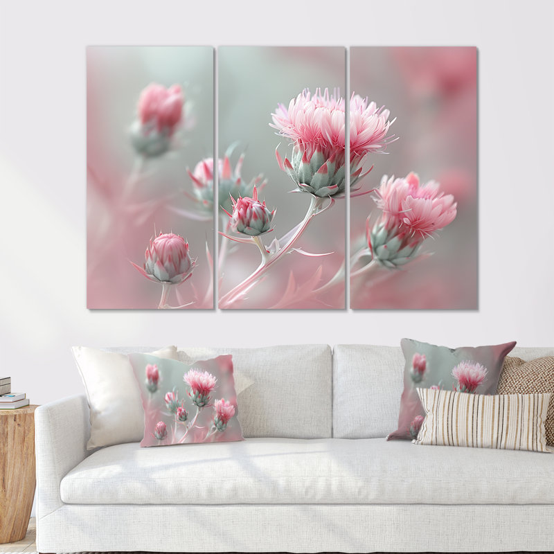 Monogramme rose gris chardon fragiles beauté - ensemble de reproduction d'art de chardon, H 28 po x l 36 po x P 1 po