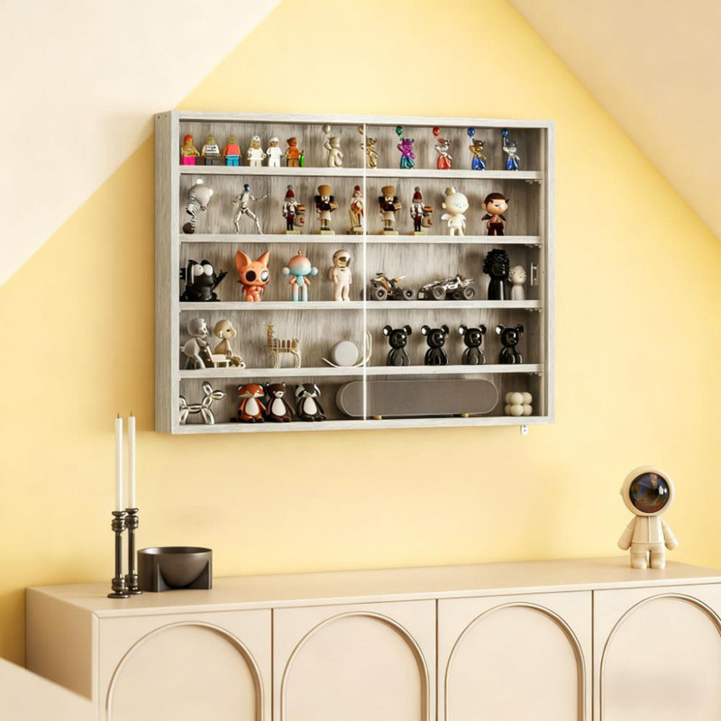 Vitrine murale, vitrine à 5 niveaux avec 2 portes en verre et tablettes réglables, Gris