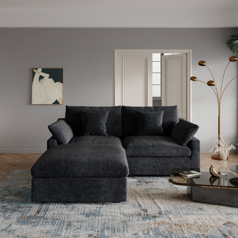 Slipcovered Upholstered Modular Sofa With Ottoman, 29.53" H x 82.68" W x 77.95" D, Dark Charcoal