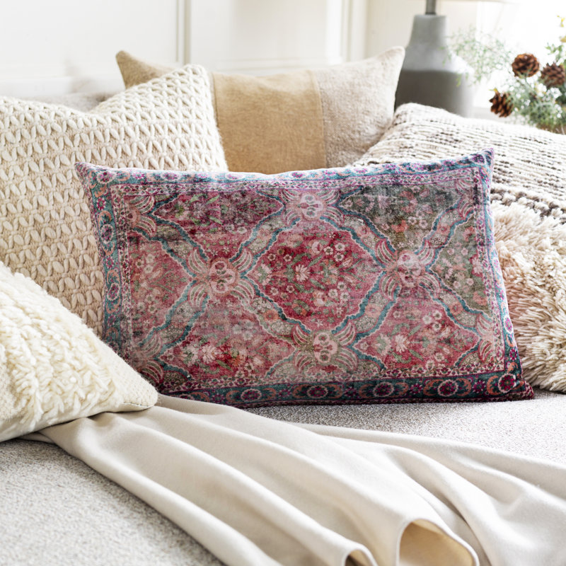 Chinelo Rectangular 100% Cotton Pillow, Pillow Cover Only - No Insert, Dark Red/Pale Pink/Teal