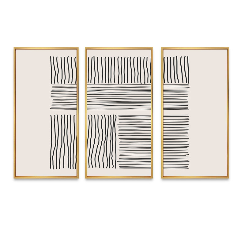 «Minimal Geometric Lines And Squares IV», reproduction de cadre photo sur toile 3 pièces, Cadre doré