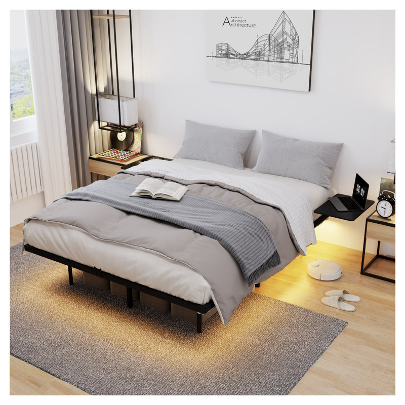Base de lit plateforme grand format avec tables d'appoint intégrées et éclairage à DEL, base en métal robuste avec support silencieux