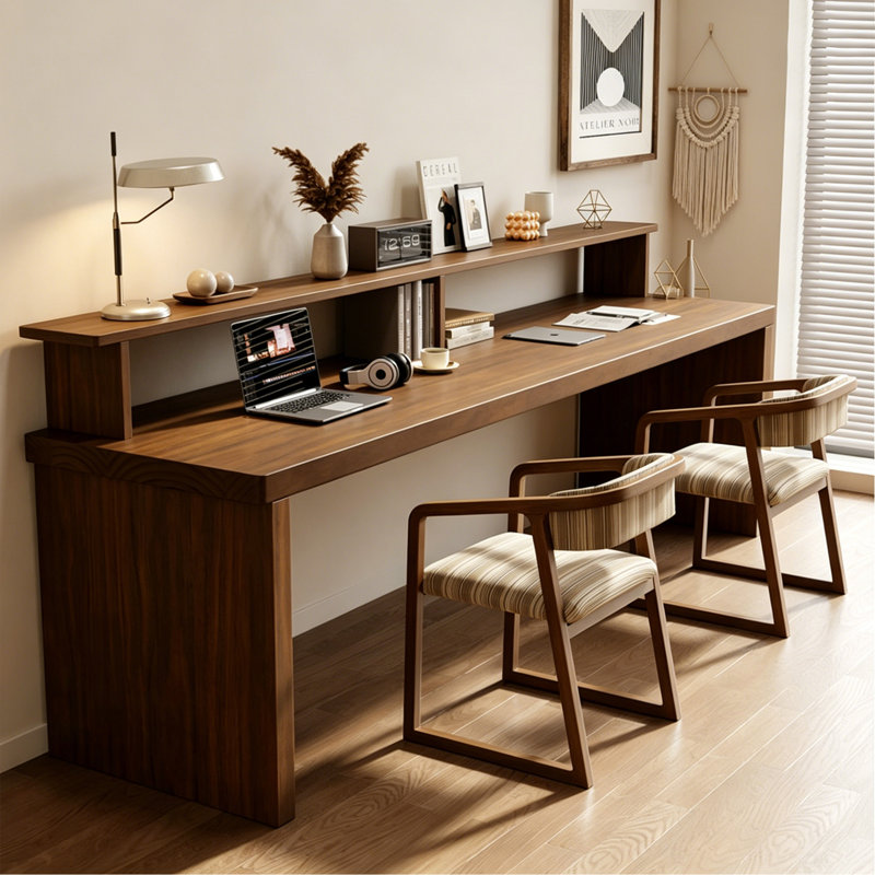 Modern Solid Wood Rectangular Desk with Shelf, 39.37" H x 78.74" W x 19.69" D