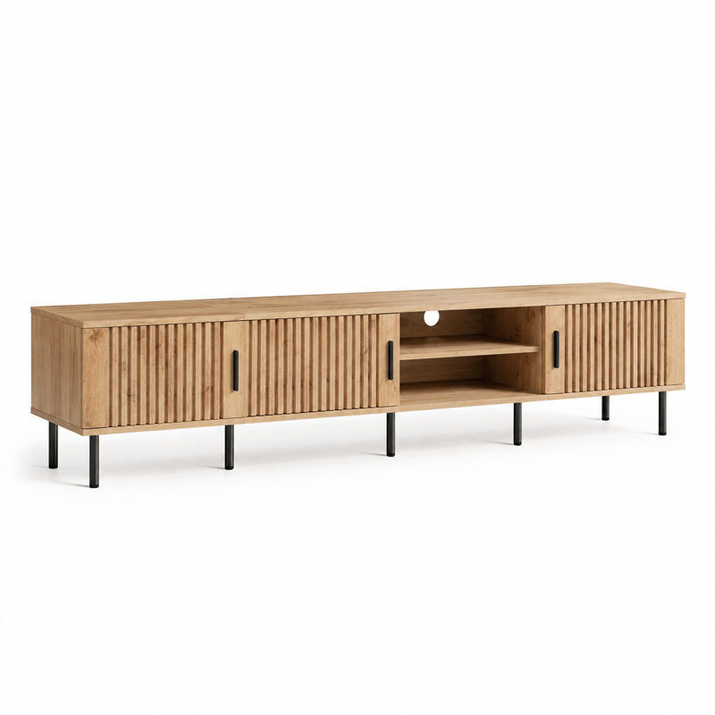 Meuble télé moderne pour téléviseur de 85 po ou moins, centre de divertissement avec rangement fermé et tablettes ouvertes, système de gestion des câbles, charnières à fermeture en douceur, pieds robustes en fer, panneaux rainurés verticaux
