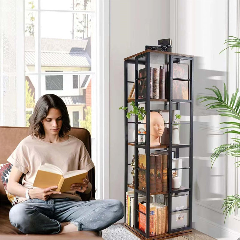 5 Tiers Rotating Bookshelf, Corner Bookcase, 360 Display Wood Spinning Bookshelf