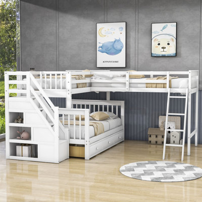 Fabriana Twin Over Full & Twin 3 Drawers L-Shaped Bunk Bed with Storage