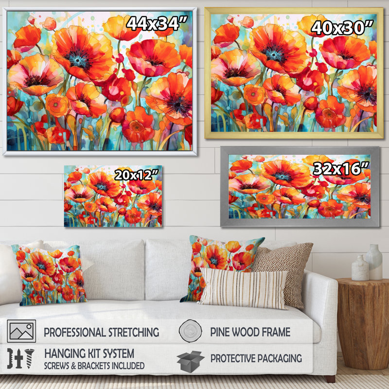 Brilliant Poppies V - Art mural floral, Cadre simple noir, H 24 po x l 32 po x P 1 po