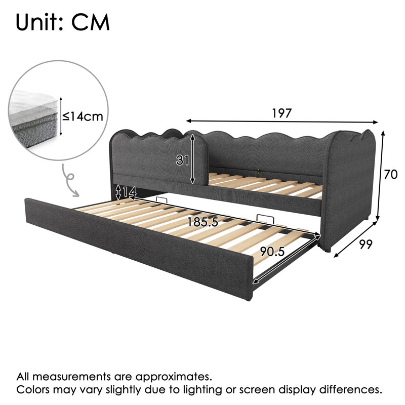 Linen 3FT Single Daybed with Pull Out Trundle, L-Shaped Cloud Design, Slatted Frame, No Box Spring, 90x190 cm, Gray