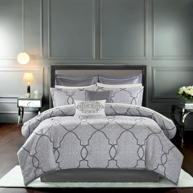 12-Piece Comforter Set with Bed Sheets & Decorative Pillows, Jacquard Damask Design, Silver