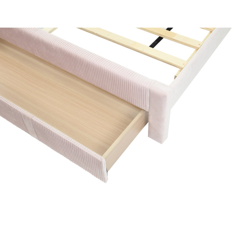 Grand lit avec velours côtelé rose, style contemporain, structure en bois massif et espace de rangement sous le comptoir, conception douce et réfléchie, sans sommier, espace