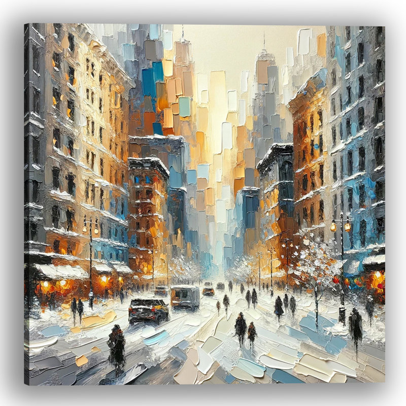 Hiver dans la ville - Paysage de neige texturé et empâtement de la vie citadine, H 40 po x l 40 po x P 1,5 po