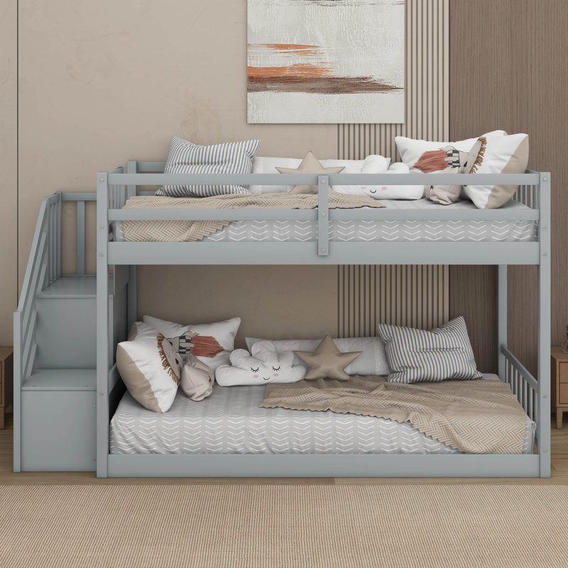 Twin Over Twin Floor Bunk Bed, Gray