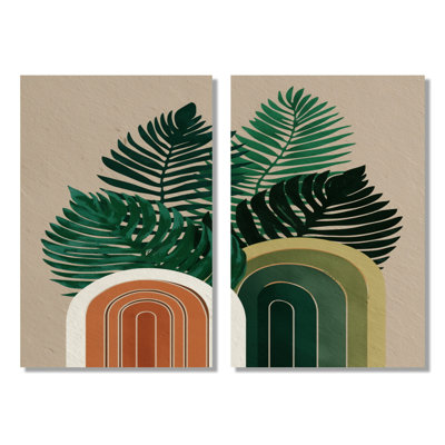 «Green Brown Minimalisme Palms Composition», impressions sur toile modernes de style Mid-Century, art mural moderne Mid-Century vert, 2 pièces