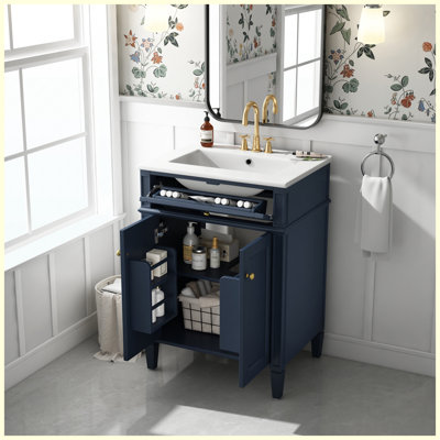Meuble-lavabo 24 po avec lavabo, 2 portes et tiroir coulissant, armoire de rangement à fermeture en douceur avec rangement