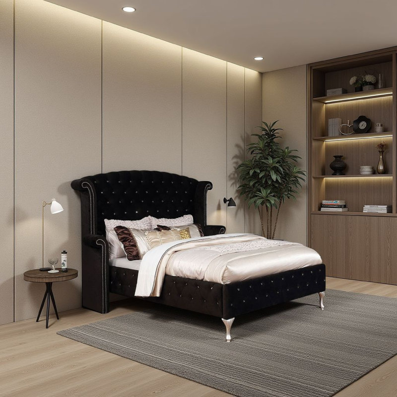 Lit plateforme tapissier Imamudeen, Grand, Noir