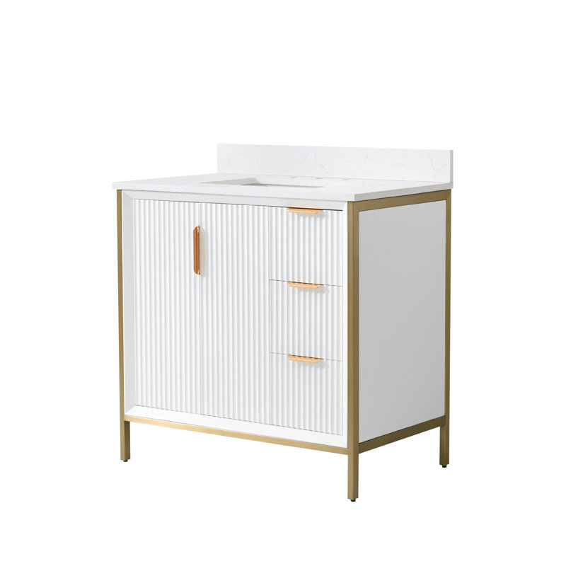 Meuble-lavabo en bois massif H 35 po x l 36 po avec comptoir en quartz et lavabo simple