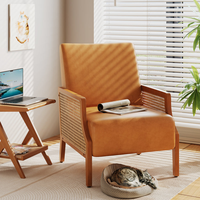 Upholstered Accent Chair With Rattan Arms And Solid Wood Legs, Brown