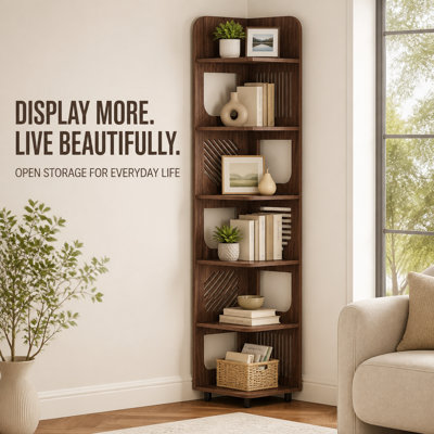 71" 6-Tier Narrow Corner Bookshelf, Rustic Brown