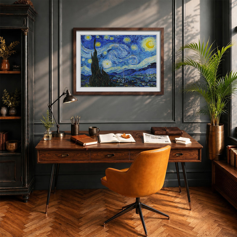 The Starry Night by Vincent Van Gogh - Picture Frame Painting on MDF, 27cm H x 36cm W x 2cm D, Walnut Framed
