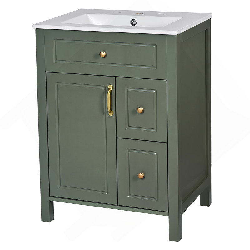 Meuble-lavabo de 24 pouces avec lavabo en céramique, 1 porte à fermeture en douceur, 2 tiroirs à fermeture en douceur et 2 supports de rangement sur la porte