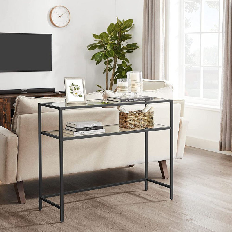 Commode industrielle moderne, noire et transparente, 35,4 x 31,5 x 11,8 pouces | 100% verre trempé (5 mm) et cadre en métal | Solution de rangement élégante pour la chambre à coucher et le salon, design durable et élégant