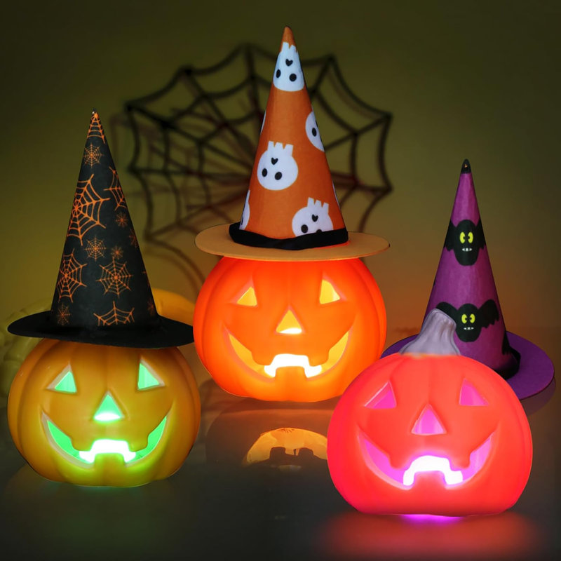 Ensemble de 3 citrouilles-lanternes lumineuses citrouille avec chapeau, décorations d'Halloween pour l'extérieur