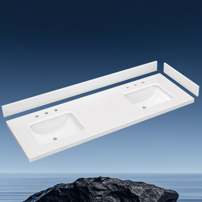 72 po X P 22 po Meuble-lavabo de salle de bain rectangulaire en pierre blanche D Dosseret et dosseret en H, 6 trous de robinet pré-percés