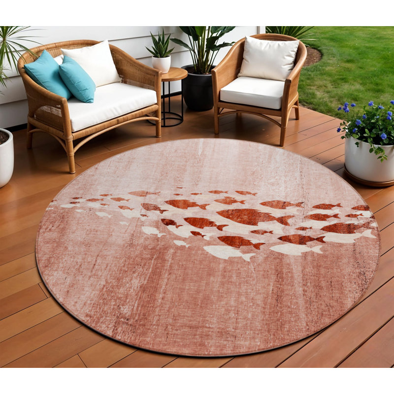 Tapis intérieur / extérieur rond en cuivre et ivoire 8 pi Terra Cotta