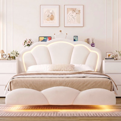 Ensemble de chambre à coucher 3 pièces EN VENTE, lit tête de lit flottant à DEL avec tablette de rangement et port de charge, 2 tables de chevet à 3 tiroirs avec port de charge