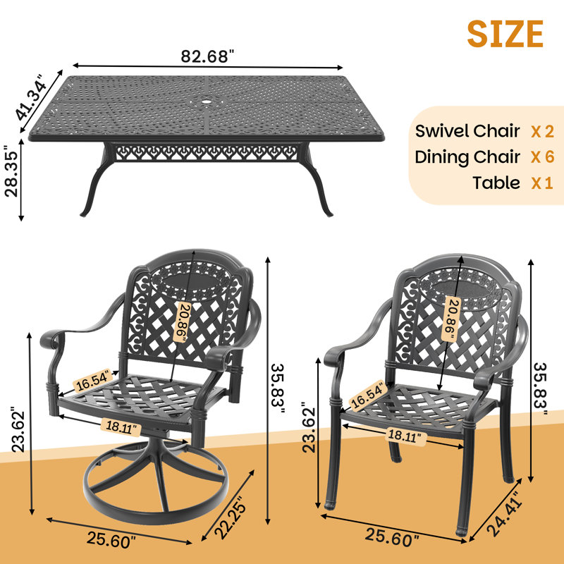 Ensemble de salle à manger pour 8 personnes en fonte d'aluminium - Comprend 2 chaises pivotantes et coussins, une table rectangulaire