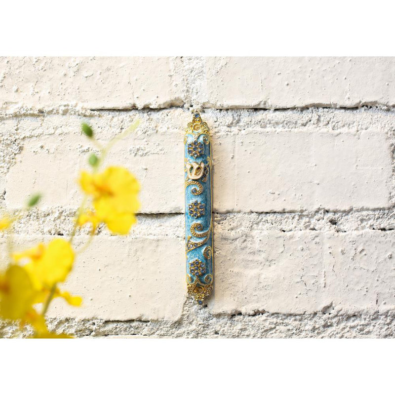 Hand Painted Blue Mezuzah with 24K Gold and Crystals