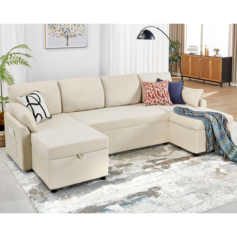 110-Inch Beige Chenille Sectional Sleeper Sofa with Storage Chaise