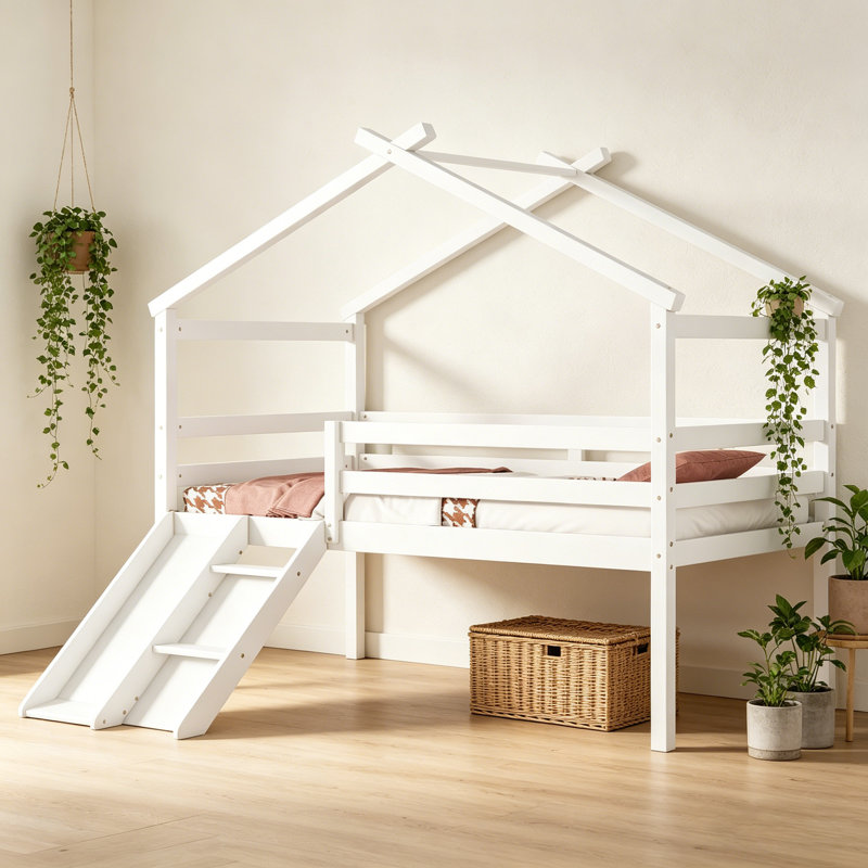Lit simple mezzanine bas avec glissade, échelle, barrières de sécurité et structure de toit en bois pour enfants