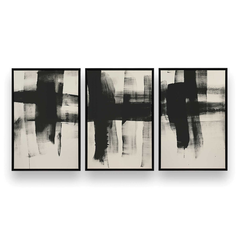 Ensemble de 3 impressions sur toile gris anthracite, Cadre flottant noir satiné, H 18,75 po x l 38,25 po x P 1,75 po