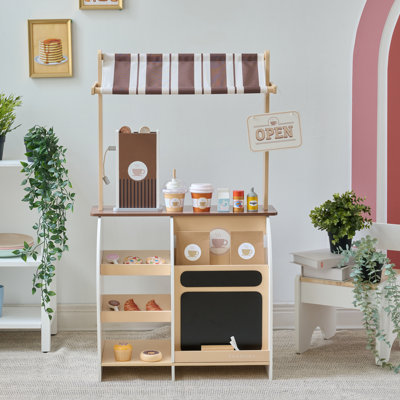 Teamson Kids Espresso Treats Wooden Coffee Stand – 29-Piece Wooden Barista Playset with Pastries & Café Accessories