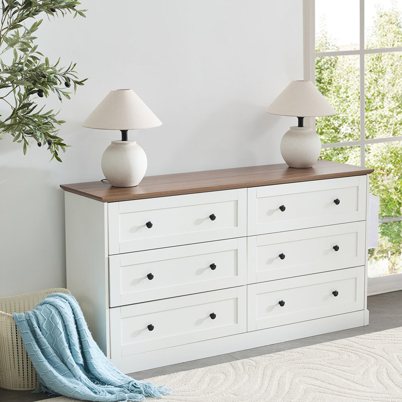 Commode Farmhouse avec prise de courant, commode de rangement à 6 tiroirs, commode rustique pour chambre à coucher, salon, couloir