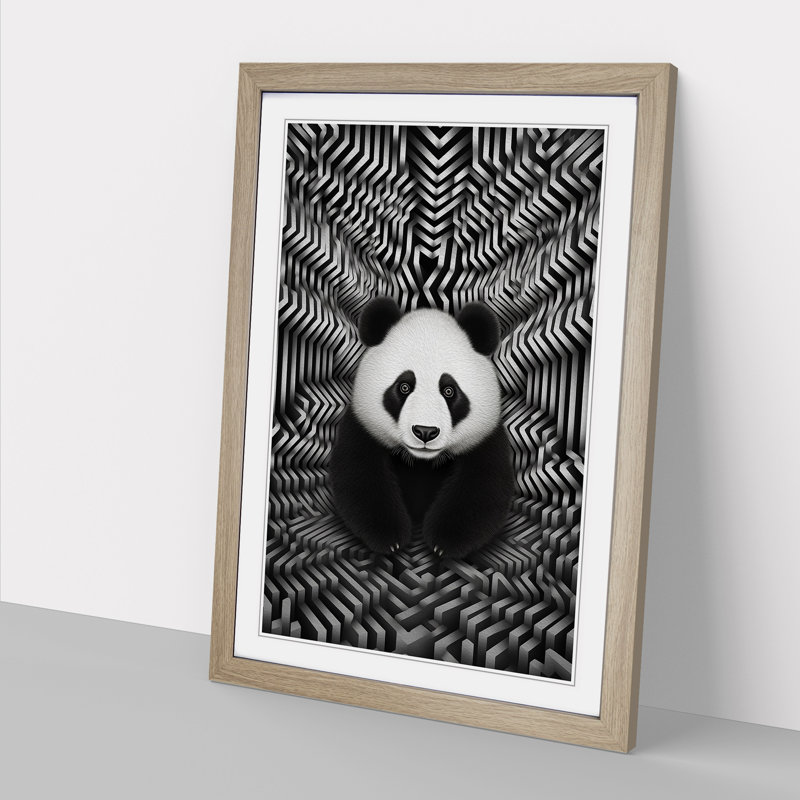 Panda Op - Single Picture Frame Print on Wood, Oak Framed, 46cm H x 34cm W x 2cm D