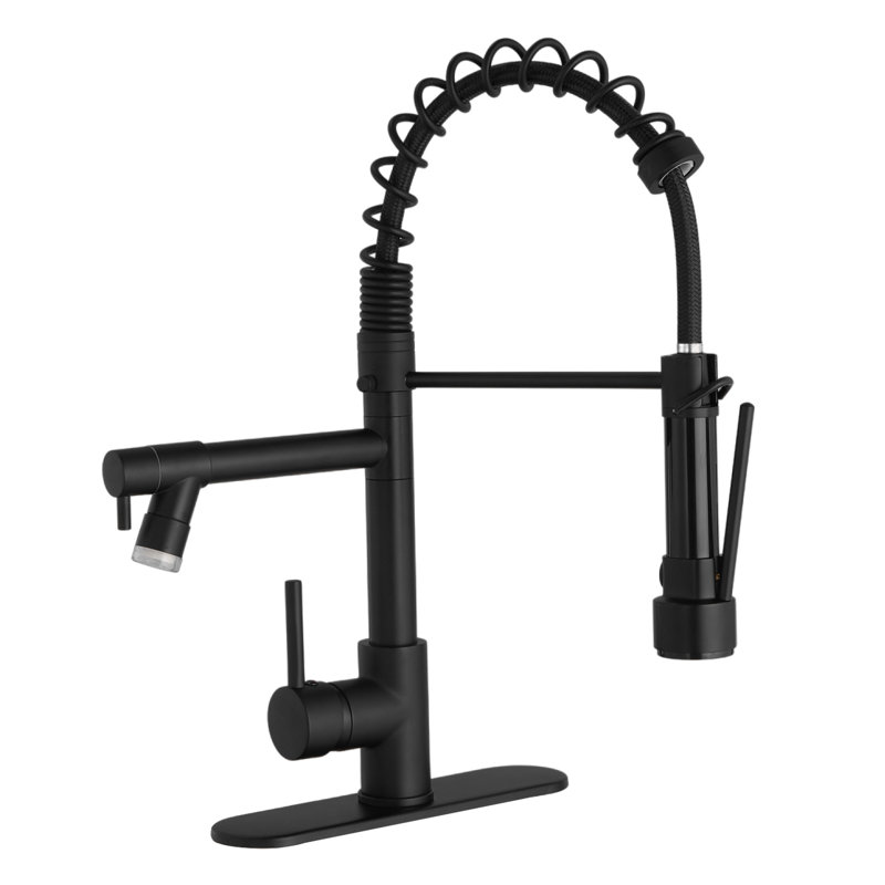 Single Handle Pull-Down Sprayer Kitchen Faucet With LED Light & Deck Plate, Matte Black