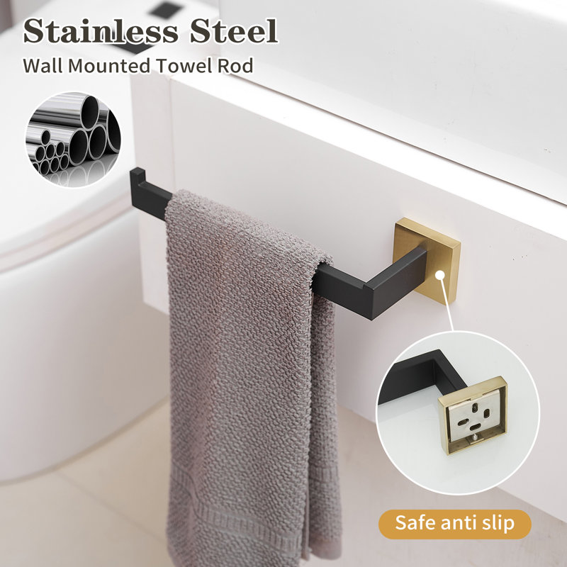 3-Piece Bath Hardware With Towel Holder For Bathroom Wall Toilet Paper Holder And Towel Ring Set, Gold Black