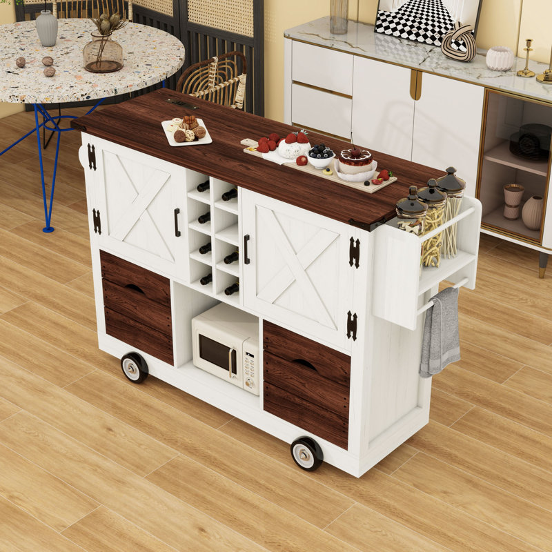 Rolling Kitchen Island Cart with Drop Leaf, Power Outlet, Adjustable Shelves and 2 Storage Drawers, White