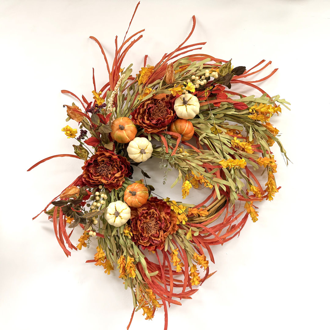 26" Faux Fall Thanksgiving Day Pumpkin Berry Front Door Wreath Primrue