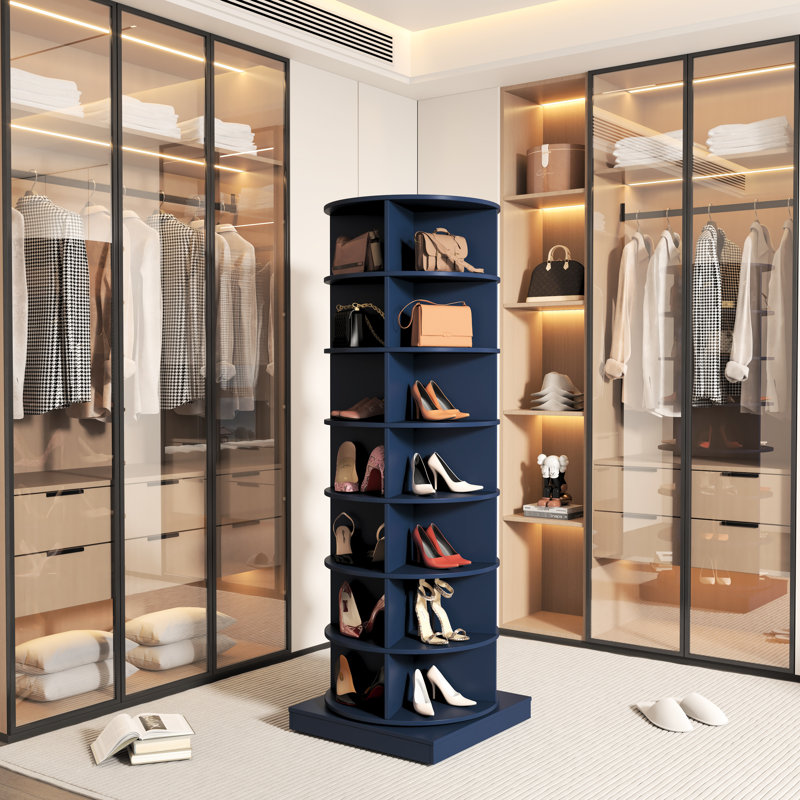 Étagère à chaussures pivotante bleu marine à 360 degrés, rangement pour 28 paires, étagère de décoration élégante et économe en espace, 7 couches, paires, bleu, facile à nettoyer, éclat domestique