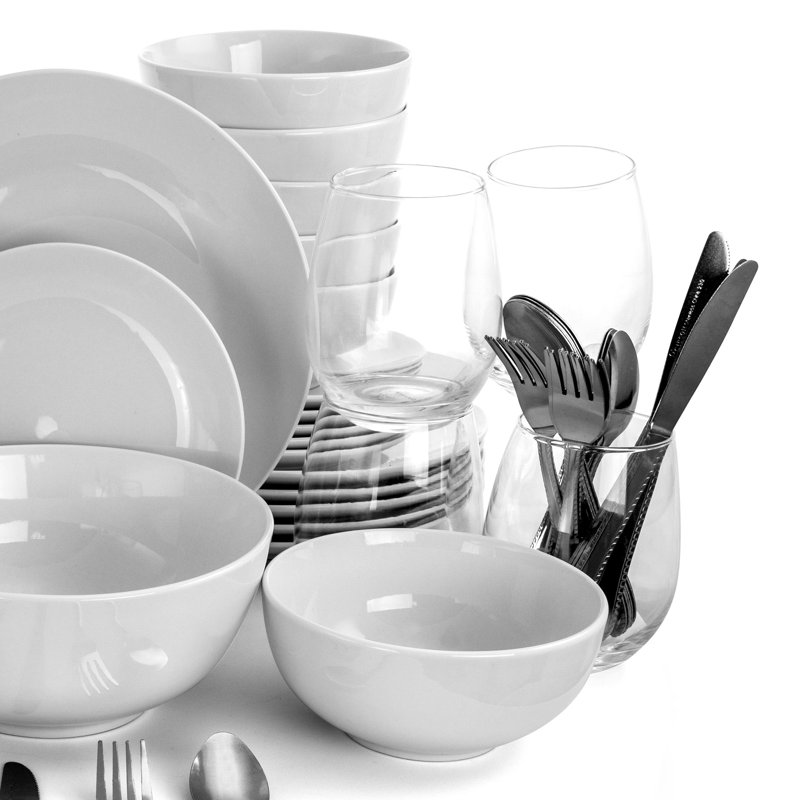 All U Need 60-Piece White Ceramic Dinnerware Set with Silver Flatware