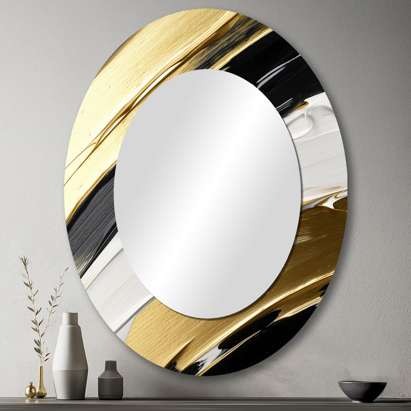Waves Of Midnight Passion Abstract Black Gold - Abstract Oval Decorative Mirror On Metal, 43" x 33"