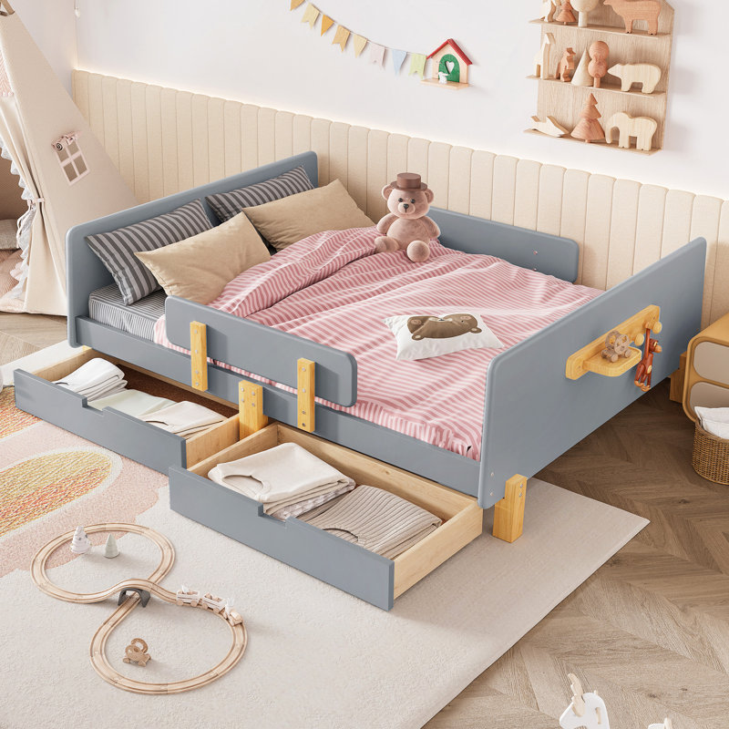 Lit plateforme avec tiroirs de rangement, structure de lit en bois massif avec garde-corps, petite tablette et crochets, aucun sommier nécessaire