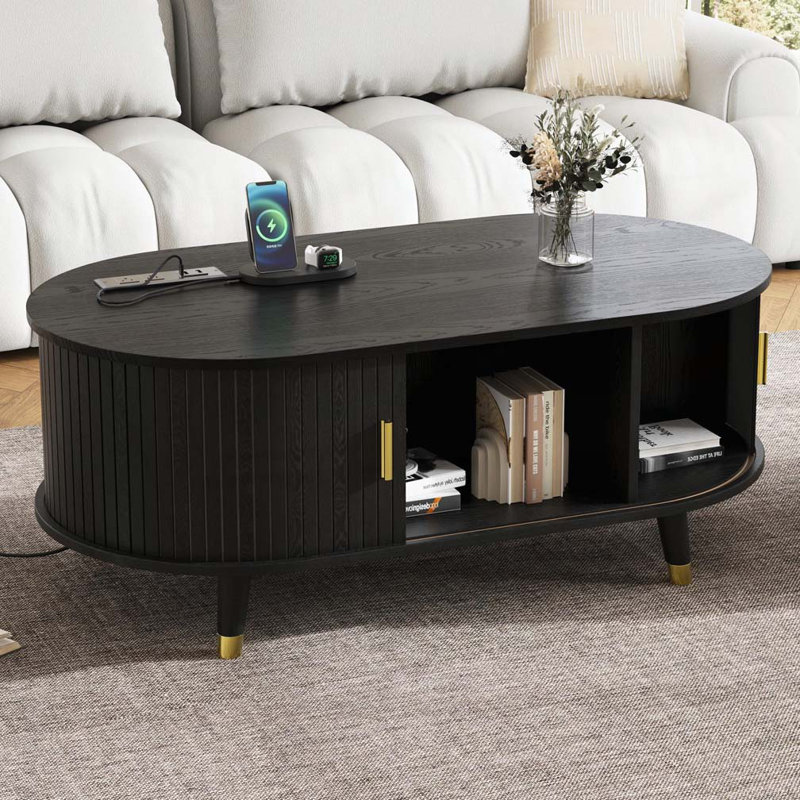 Table basse ovale cannelée avec station de charge, Noir