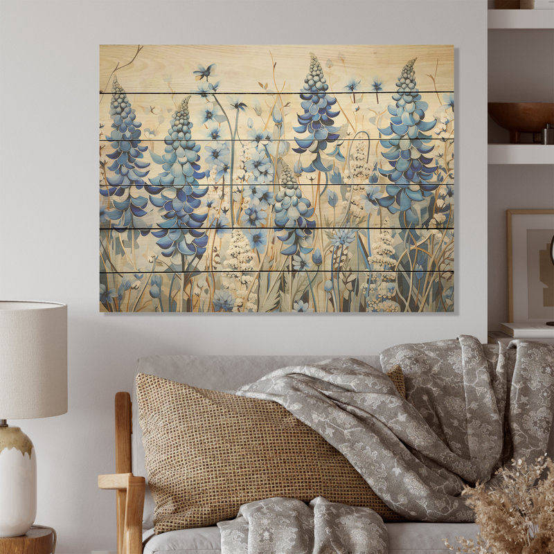 Élégant Blue Bonnets Meadow - Blue Bonnets, art mural sur bois de pin naturel, H 10 po x l 20 po